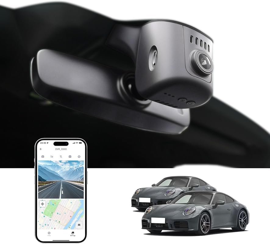 Porsche 911 compatible dash cam with 4K video, Wi-Fi app, and loop rec