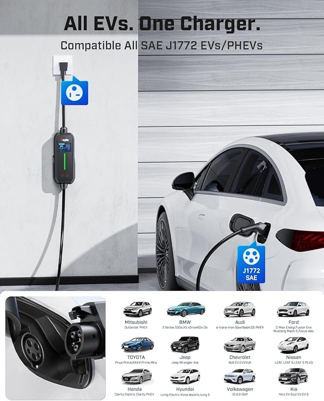 Upgraded Level 1 and 2 Portable EV Charger with Adjustable Current and