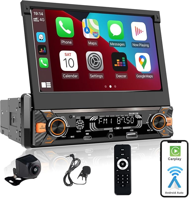 7-Inch Flip-Out Touchscreen Single DIN Car Radio with Wireless CarPlay