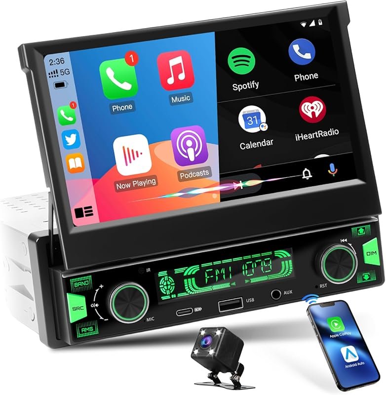 Single DIN Stereo with 7-Inch Flip-Out Touchscreen, Wireless CarPlay, 