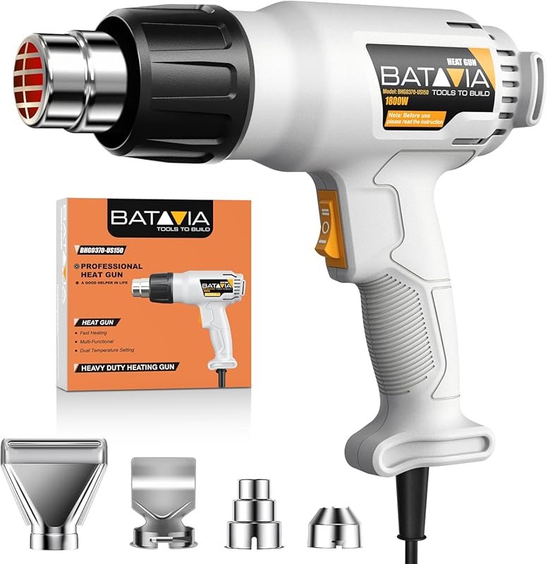BATAVIA 1800W Heat Gun with Dual Temperature Settings, 4 Nozzles, and 
