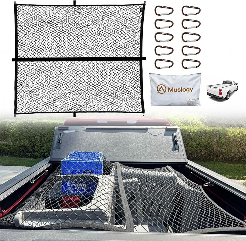 Muslogy Truck Bed Cargo Net Trunk Netting Compatible with Pickup Bed Stretchable 4'x4' to 7'x7'