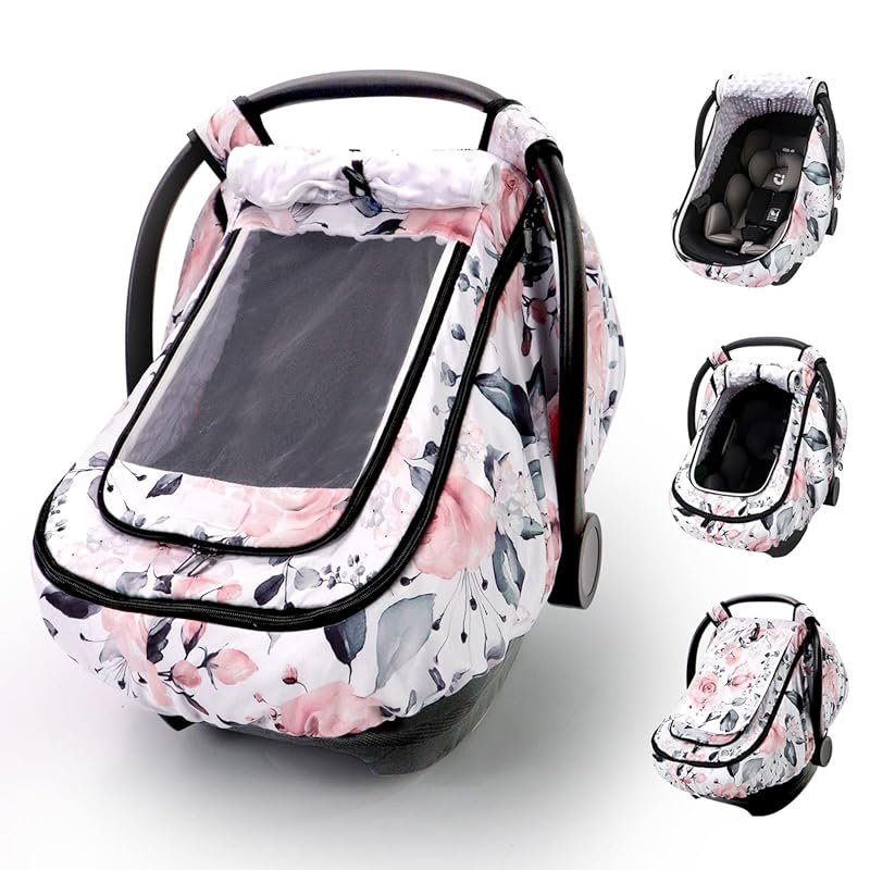 Pink Floral Infant Car Seat Cover with Mesh Window for Summer and Wint