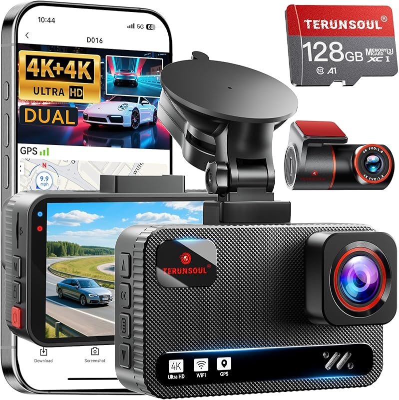 4K+4K Front and Rear Dash Cam with 128GB Card, 5.8GHz WiFi, GPS, and 2