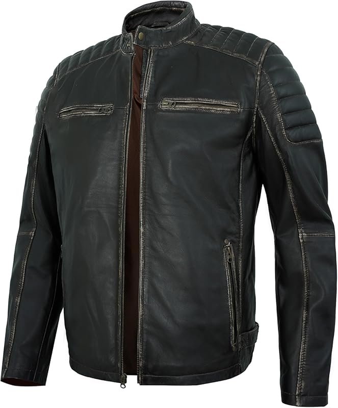 Mens Leather Jacket - Real Lambskin Quilted Motorcycle Style Leather J