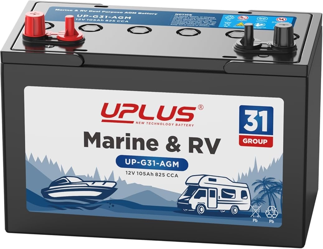UPLUS Group 31M Dual Purpose AGM Marine Battery: 12V 105Ah, 825CCA for