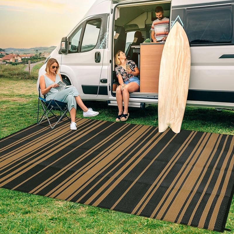 GlowSol 8x10 Foot Striped Waterproof Outdoor Rug for Campers, Reversib