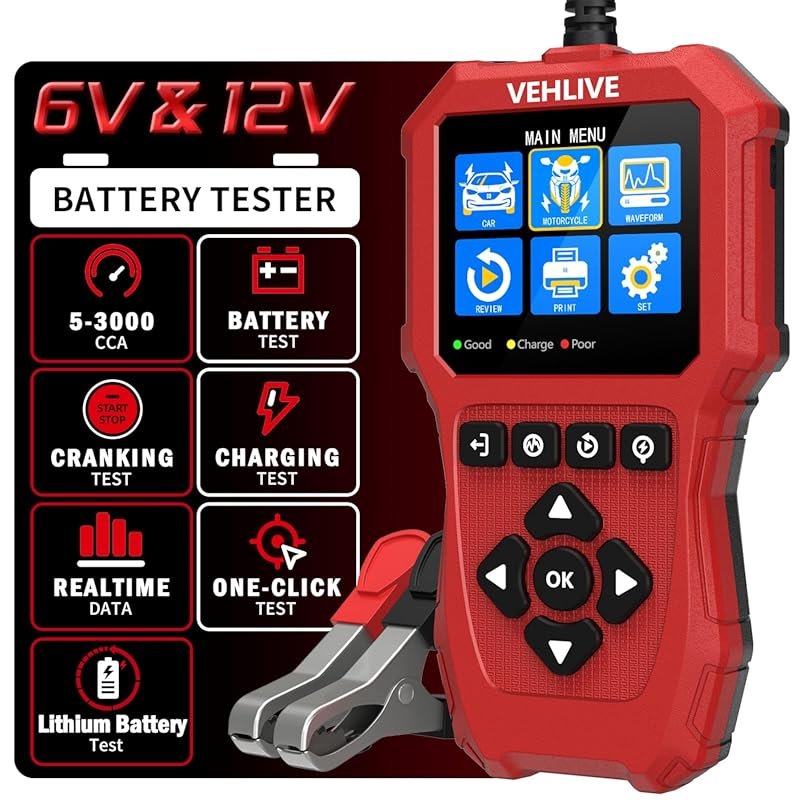 VEHLIVE BT910 Car Battery Tester 6V/12V with Load Testing for Cars, Tr