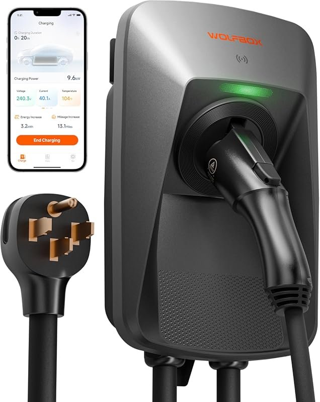 WOLFBOX Level 2 EV Charger with 40Amp, 25ft cable, and smart APP contr