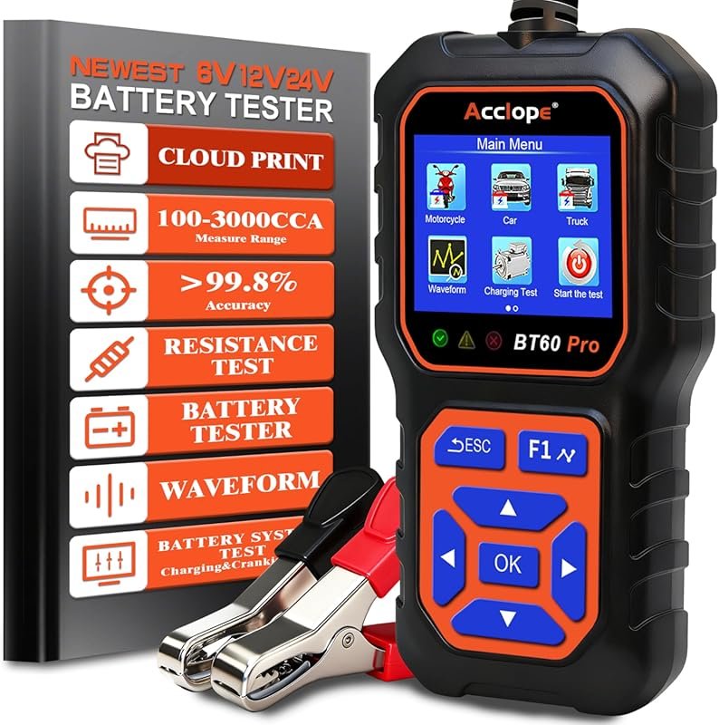 BT60 battery tester handles 6V to 24V batteries up to 3000 CCA with co