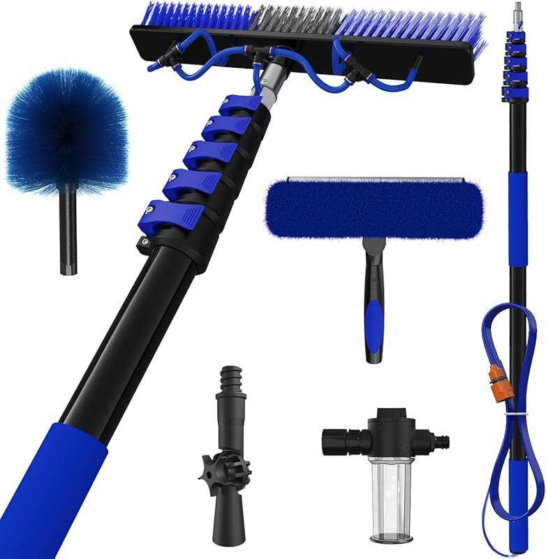 Thirty-foot solar panel cleaning brush kit with telescoping pole, twen