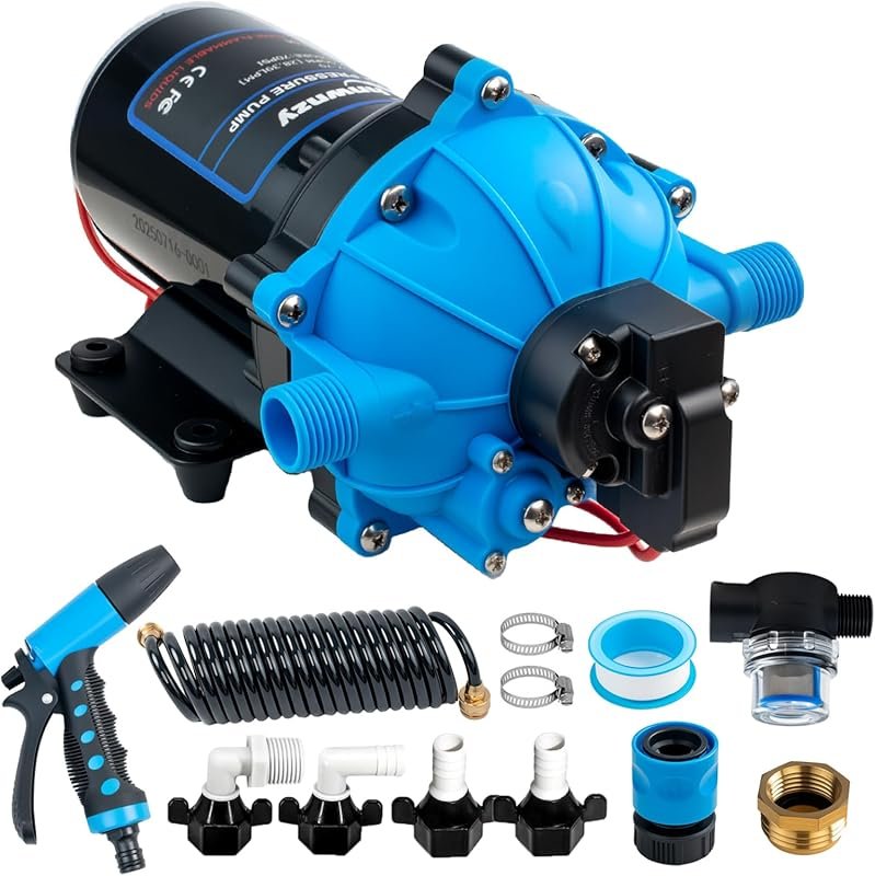 12V DC RV Washdown Pump with 7.5 GPM Flow, 80 PSI, and Self-Priming De