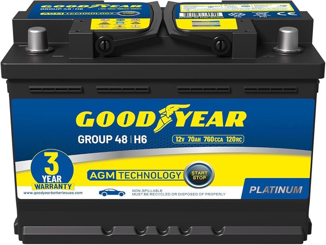Goodyear 48-H6-AGM BCI Group 48 Battery, 12V 70Ah with 760 CCA and AGM