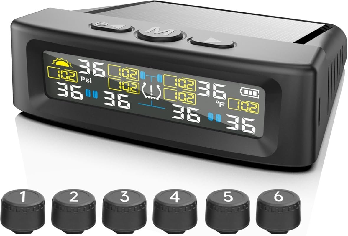 RV TPMS with 6 Wireless Sensors, Solar/USB Charging, and Real-Time Pre