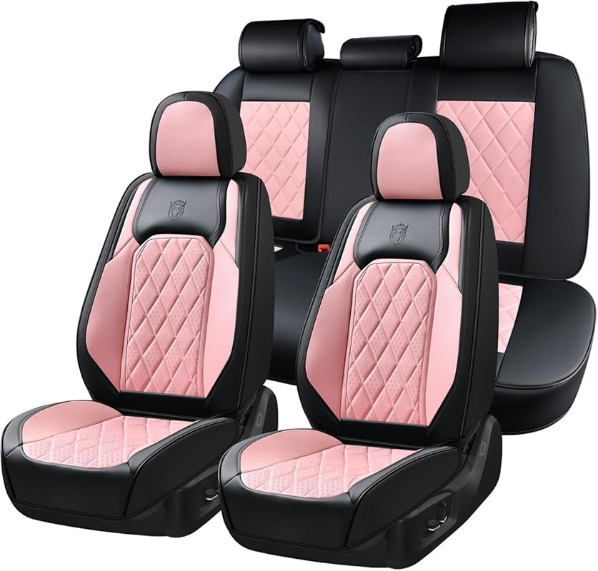 Waterproof Pink and Black Faux Leather Seat Covers, Universal 5-Seat F