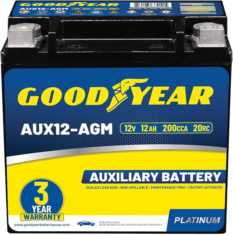 Goodyear AUX12-AGM 12V 12AH AGM Auxiliary Battery with 200 CCA and 20 