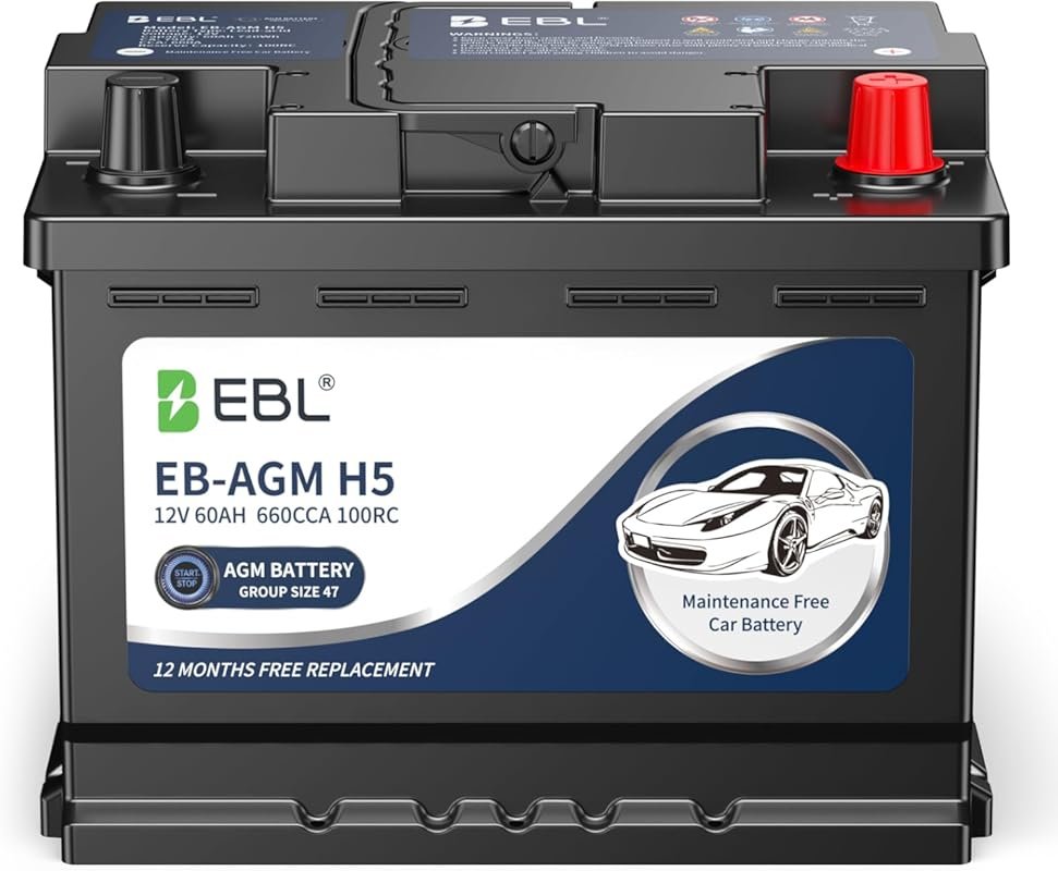EBL AGM Car Battery: BCI Group 47, Size H5, 12V 60AH, 660 CCA, 100 RC,