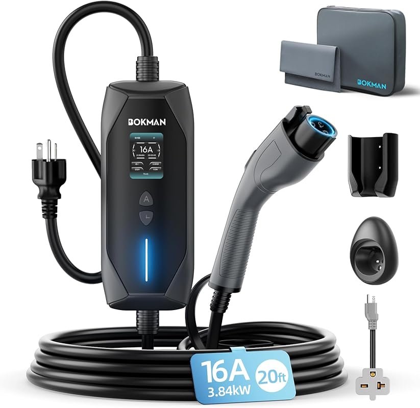 bokman Portable Level 1 and 2 EV Charger with 20-Foot Cable and Adjust