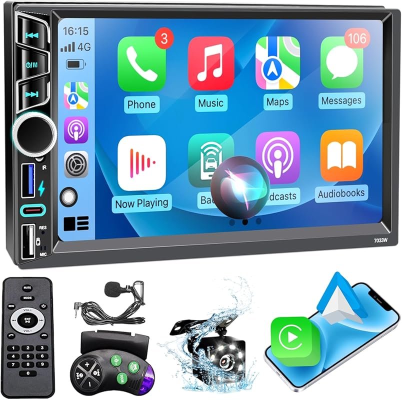 7-inch double DIN car stereo with wireless Apple CarPlay, Android Auto