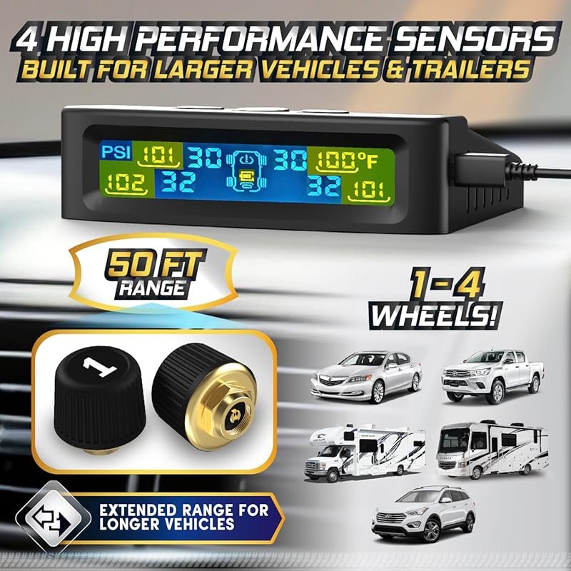 Trailer RV TPMS sensors set of 4 solar powered monitor kit 0-98 PSI ex