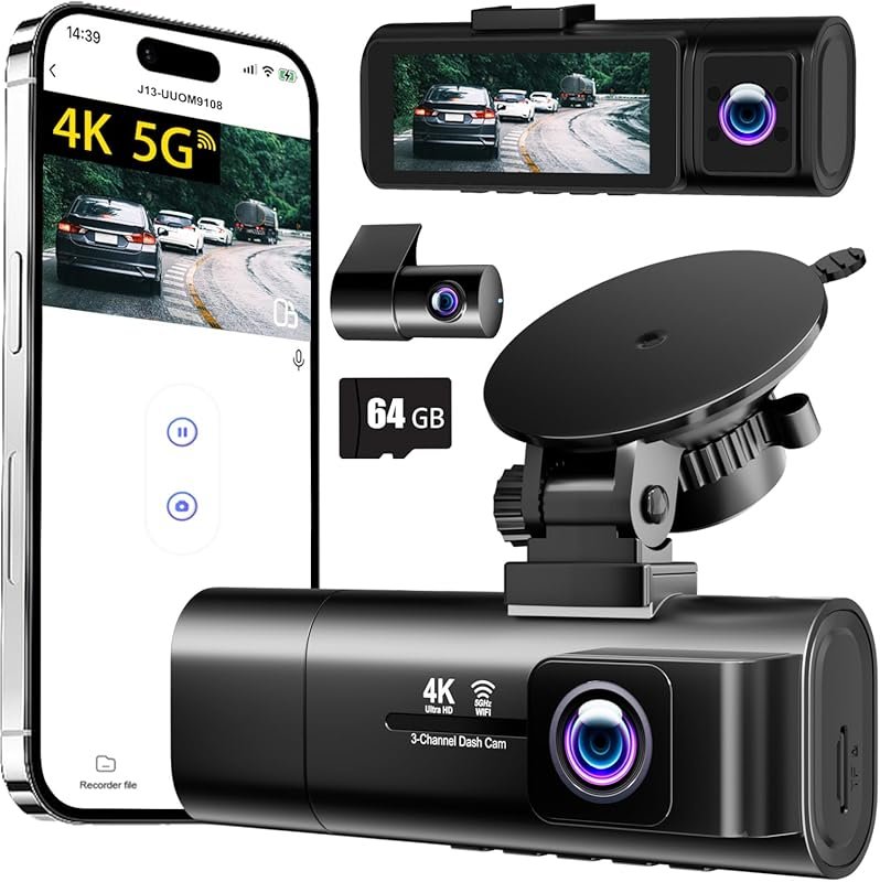 3-Channel 4K Dash Cam with 5G WiFi, 170° Wide Angle, and 24H Parking M