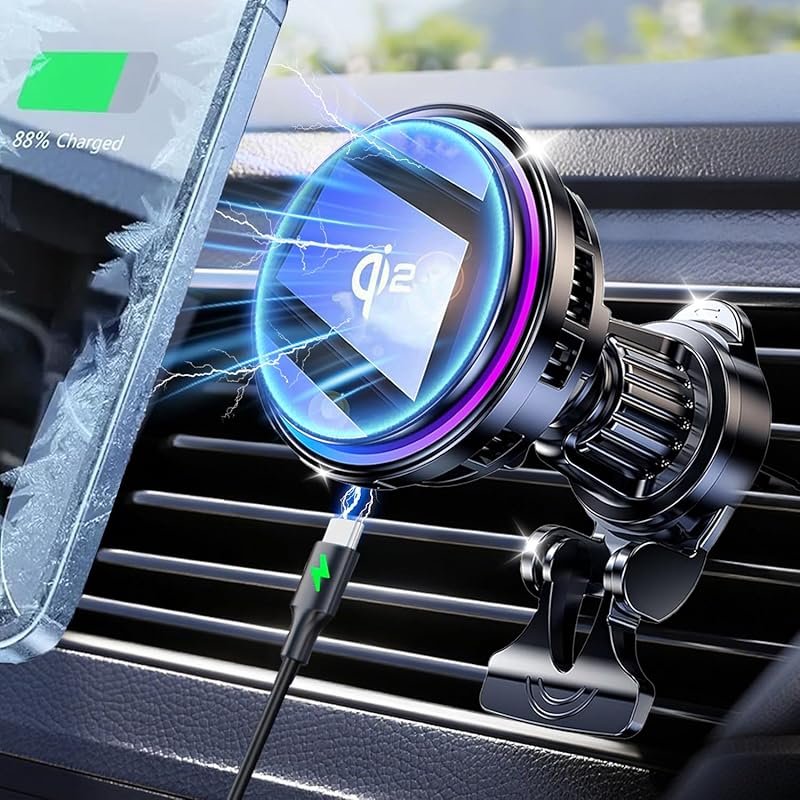for Qi2 15W MagSafe Car Mount Charger RGB Light, Ice Cooling Magnetic 