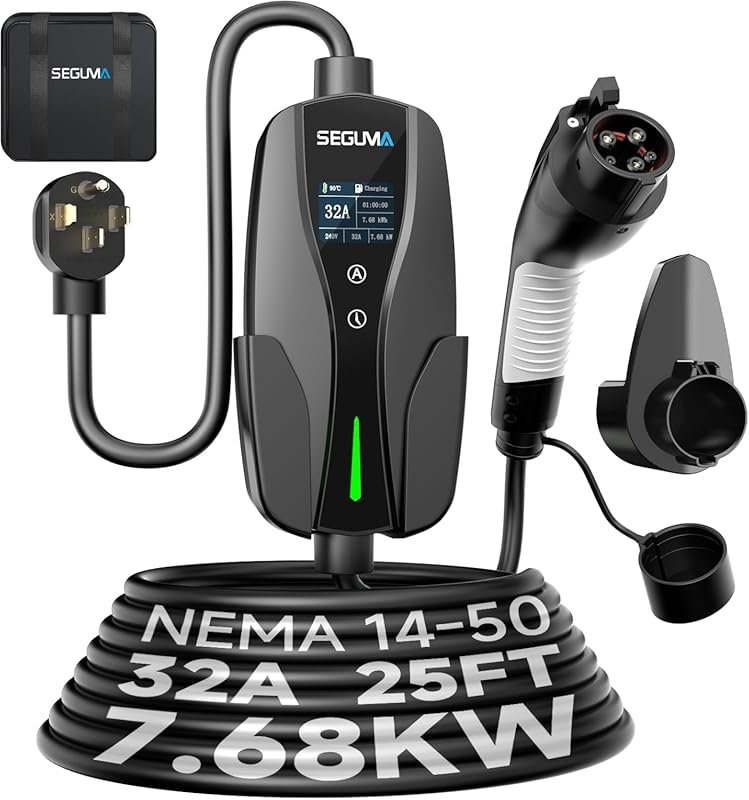 Level 2 EV Charger, 32Amp, 240V, 25ft Cable, Adjustable Current & Dela