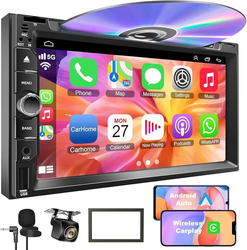 Double Din Car Stereo with CD/DVD, 7-Inch Touchscreen, Bluetooth 5.2, 