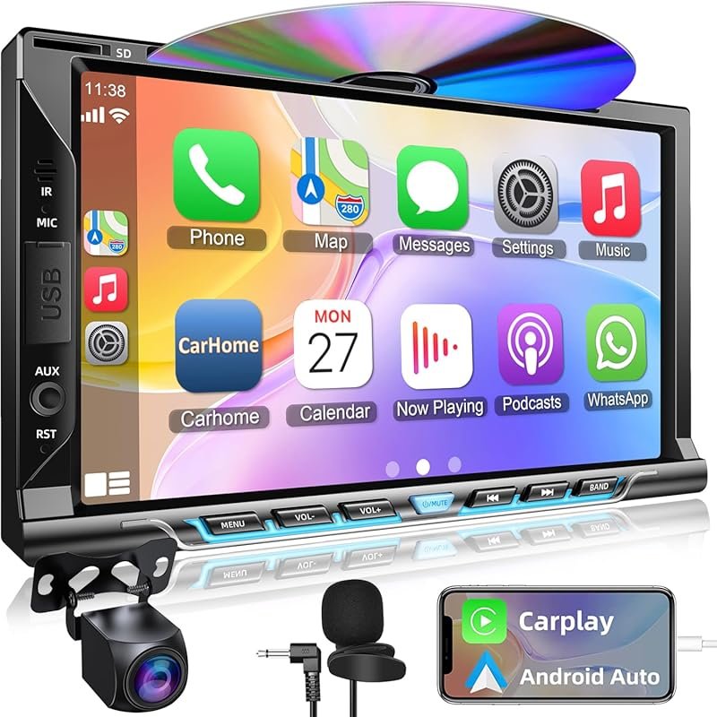 7-inch double DIN car stereo with CD/DVD player, Apple CarPlay, Androi