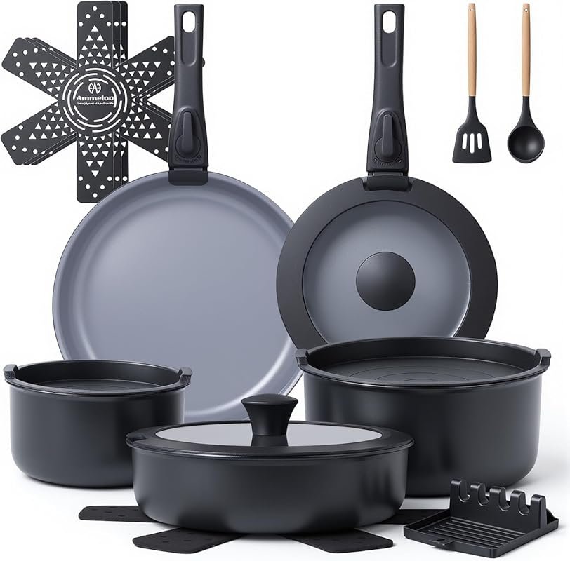 Ammeloo 18-Piece Ceramic Non-Stick Cookware Set with Detachable Handle