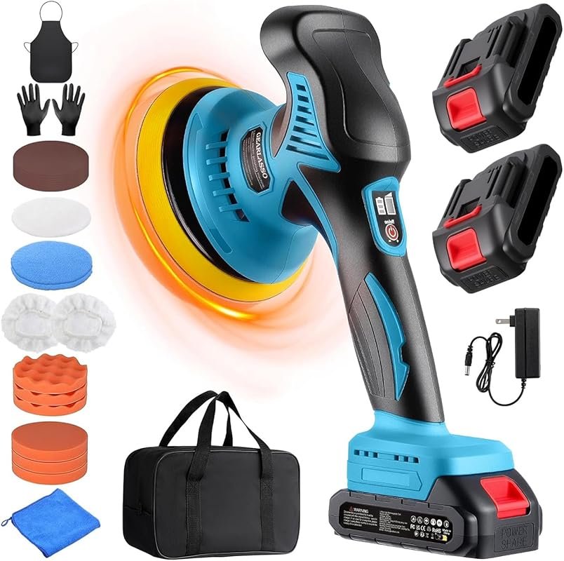 Cordless Car Buffer Polisher with 2x 2000mAh 21V Batteries, 8 Variable