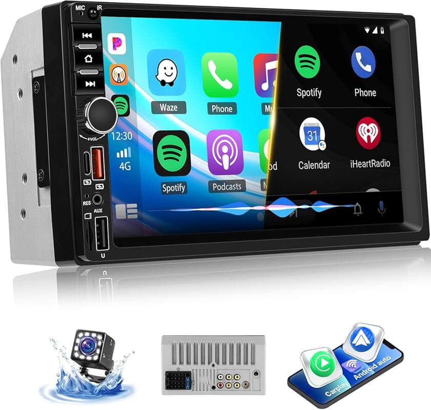 Double DIN wireless CarPlay and Android Auto stereo with 7-inch touchs