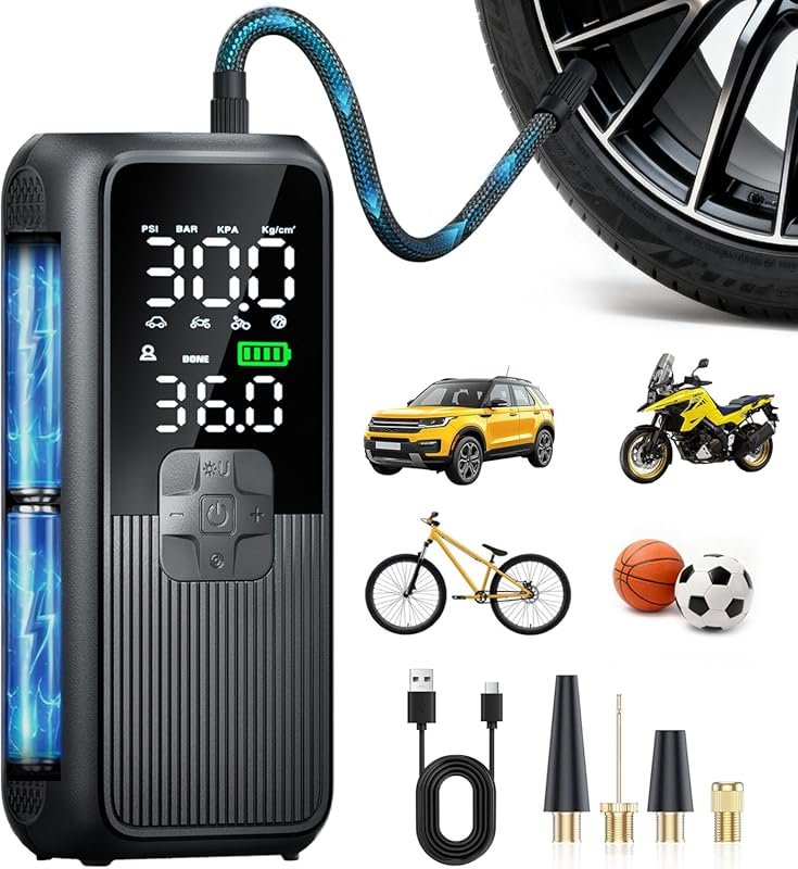 T05 Portable Tire Inflator with 150PSI, Pressure Gauge, LED Light, and