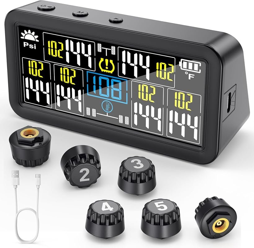 GEARGO RV TPMS with Solar and USB-C Charging, 6 Sensors, 0-99 PSI, 6 A