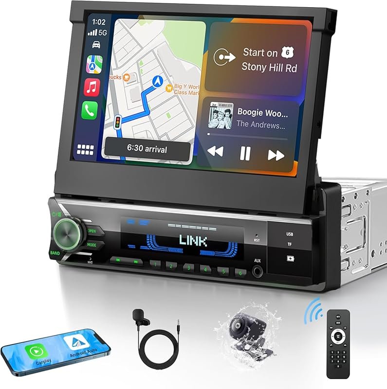 2026 Single DIN Car Stereo with 7-Inch HD Flip-Out Touchscreen, Wirele