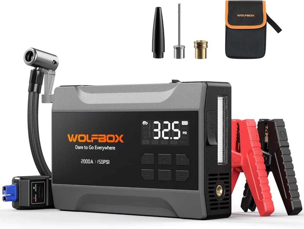 Best Jump Starter 2023: WOLFBOX 2000A Jump Starter with 150PSI Air Com