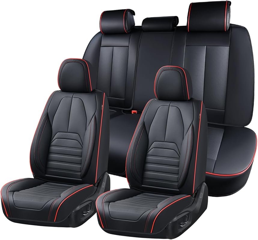 Coverado Full Set Leather Seat Covers: Black Redline, Waterproof, Airb