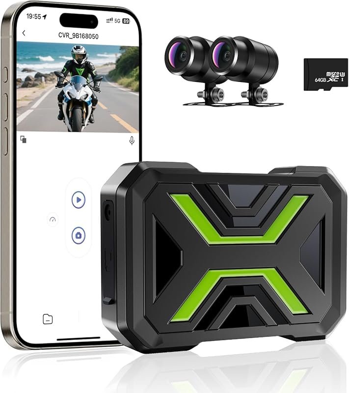 Dual 1080p motorcycle dash cam with front and rear recording, IP67 wat