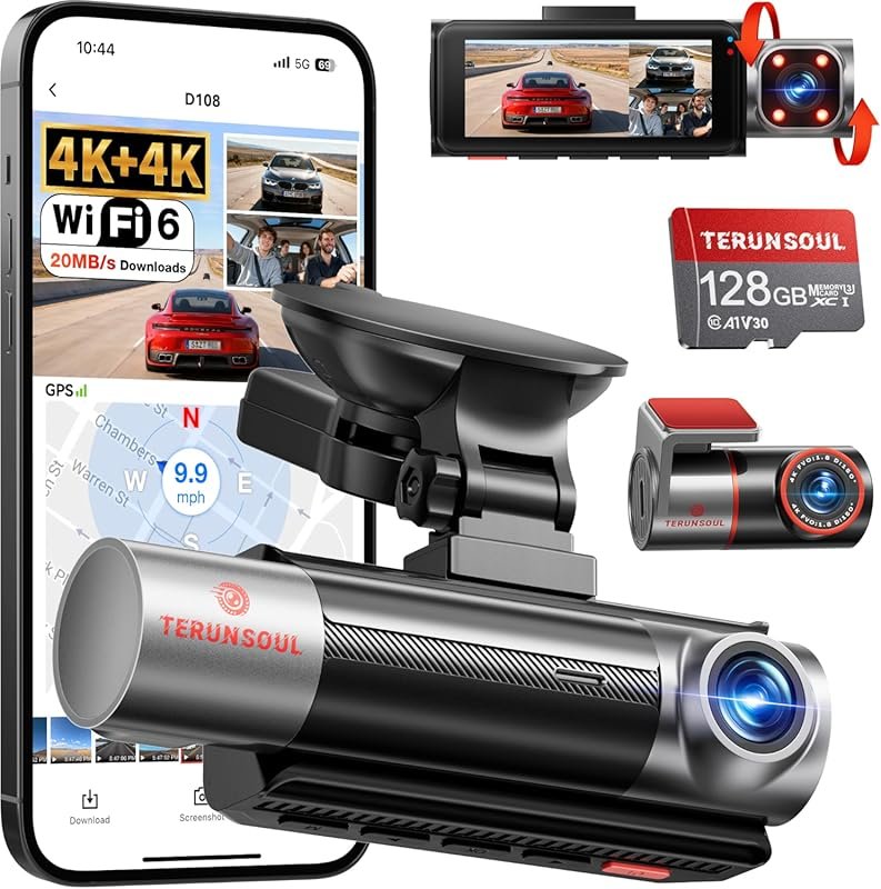 4K+4K+1080P Dash Cam Front and Rear with Cabin, Free 128GB Card Includ