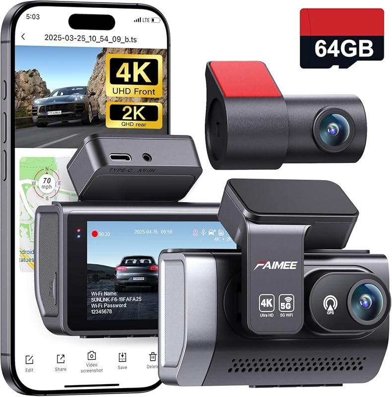 4K+2K Dual-Channel Dash Cam with GPS Speed Tracking, Front/Rear Views,