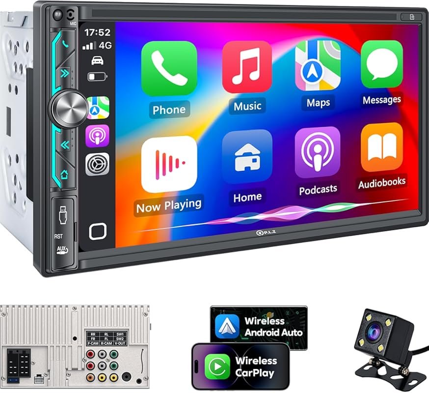 PLZ 7-Inch Double Din Car Stereo with Wireless Apple CarPlay, Android