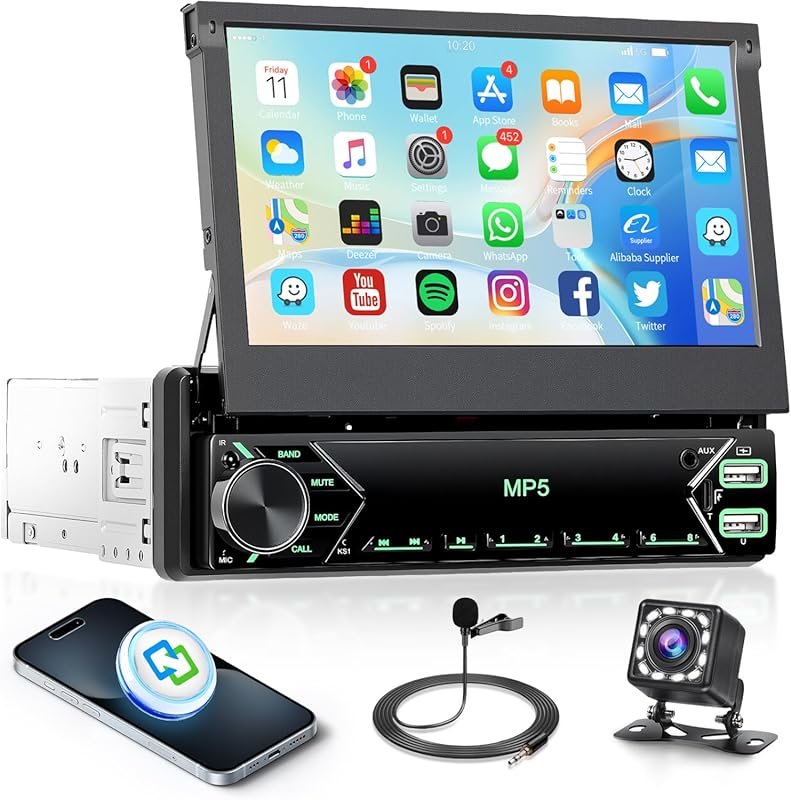 7 Inch Flip Out Touchscreen Car Stereo-Single DIN with Bluetooth 5.0,