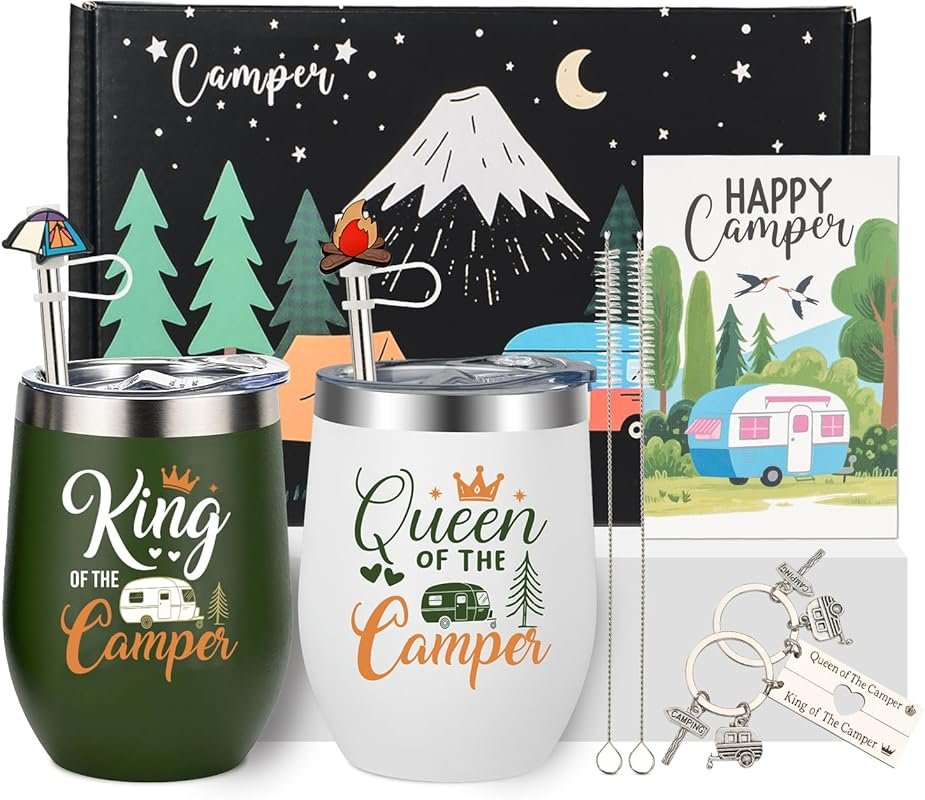Camping Gift Set with King and Queen Mugs, Keychain, and Greeting Card