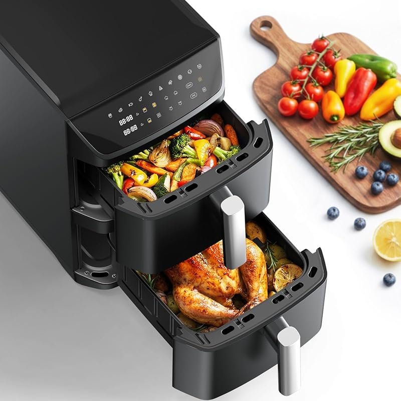 Dual Basket Air Fryer with 12.6 QT Capacity, 10-in-1 Functions, and Di