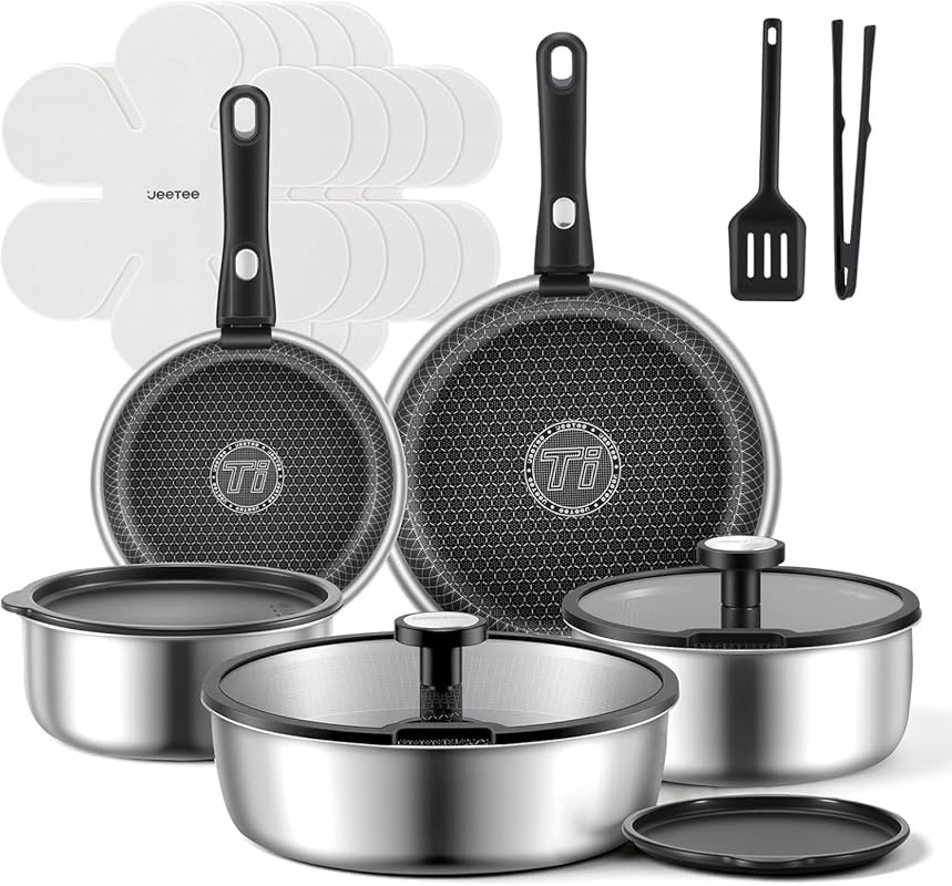 JEETEE 18-Piece Stainless Steel Cookware Set with Non-Stick Coating an