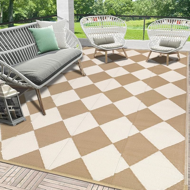 HEBE Checkered Waterproof 5x8 Outdoor Rug for Campers, Reversible Plas