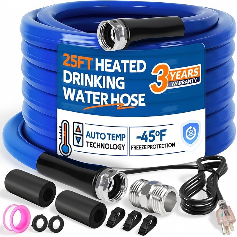 25-Foot Heated RV Water Hose is Freeze-Proof for All-Season Use with a