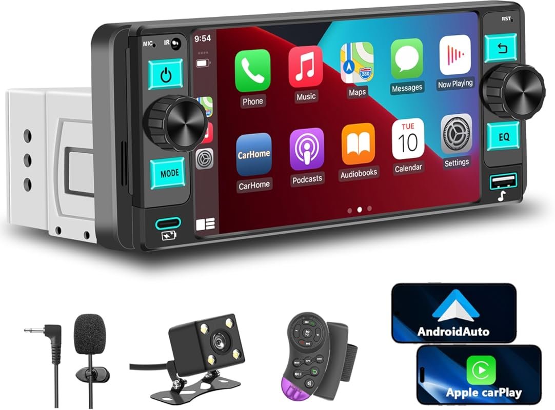Single Din Wireless CarPlay Radio with Android Auto, Bluetooth, GPS, B
