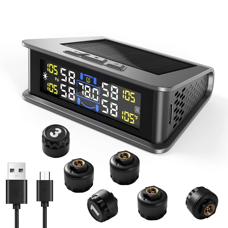RV TPMS with Upgraded Bright Screen, Solar/USB Charging, and 6 Smart A