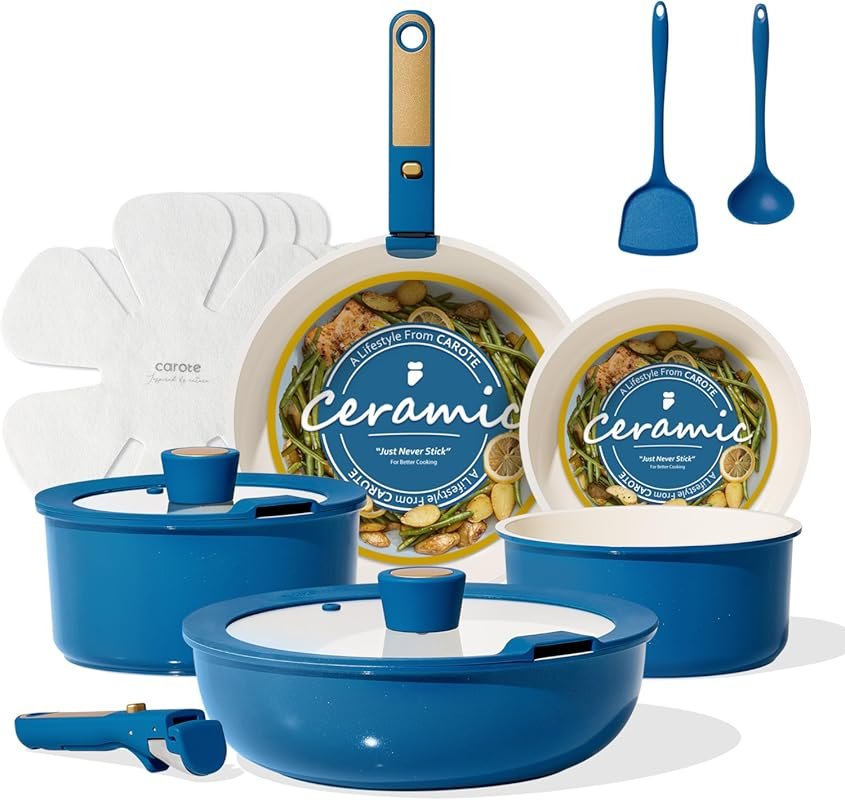 CAROTE 15-Piece Ceramic Non-Stick Cookware Set with Detachable Handle,
